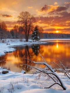 Snowy winter lake at sunset with bare trees and colorful sky reflection in water