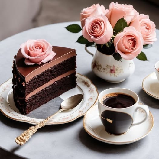 Chocolate layer cake with black coffee and pink roses on a table