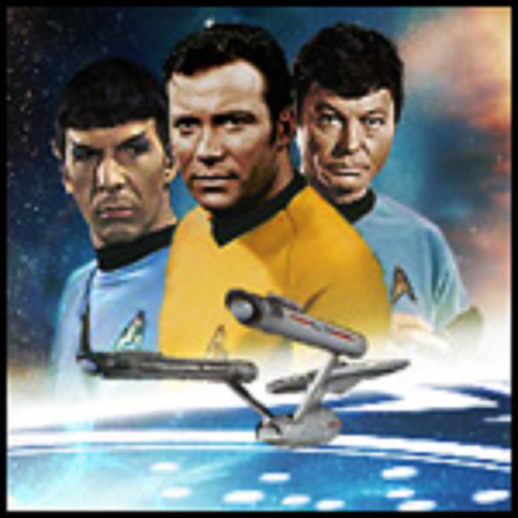 Illustrated Star Trek crew portrait with the USS Enterprise flying above a planet