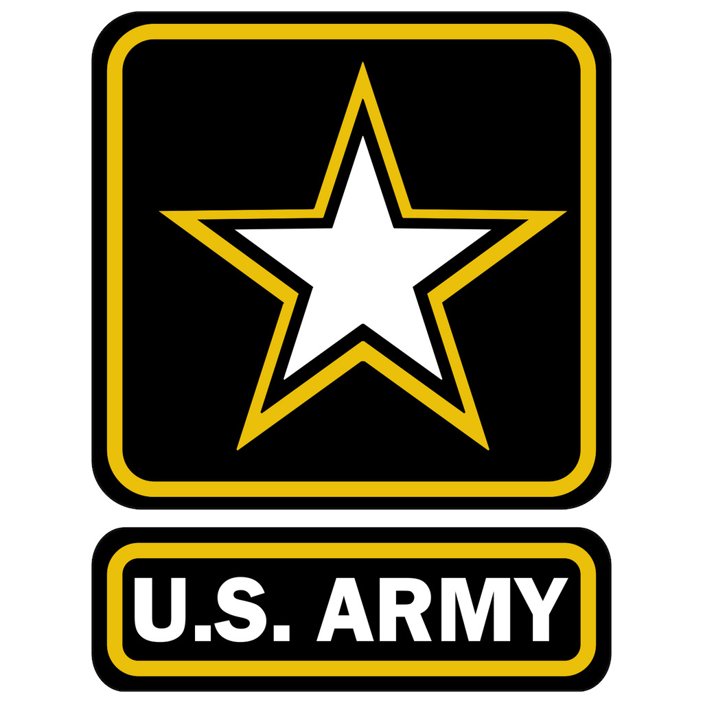 U.S. Army logo with a white star on black and a U.S. Army text badge below