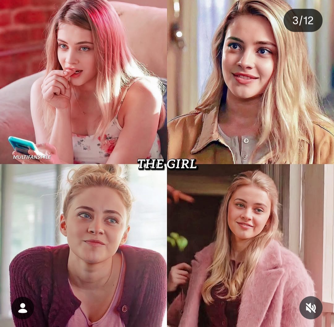 Four-photo collage of a blonde woman indoors, smiling and posing in different casual outfits