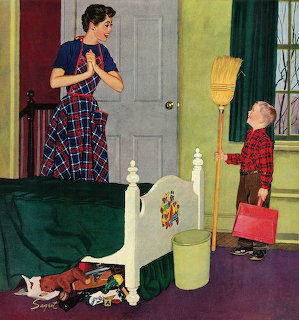 Vintage illustration of a boy with broom and bucket helping his surprised mother clean a bedroom