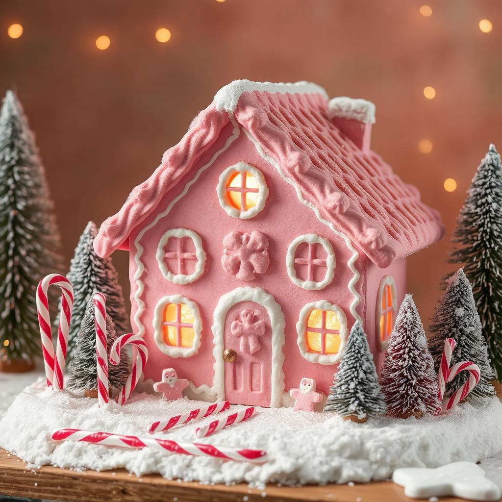 Pink gingerbread house decorated with candy canes and miniature snowy trees in a festive holiday display