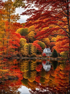 White house surrounded by colorful autumn trees reflected in a still lake
