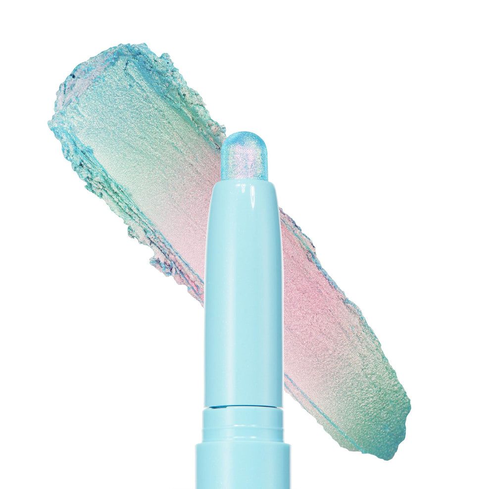 Light blue lipstick with colorful shimmer swatches showing teal, pink and purple iridescent shades