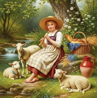 Shepherdess with Lambs by Stream