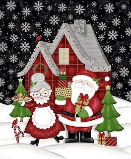 Cartoon Santa and Mrs. Claus in front of red cottage with Christmas decorations and snow