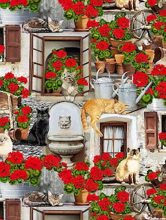 Cats lounging with red geranium flowers, terracotta pots, and cottage windows in a decorative collage