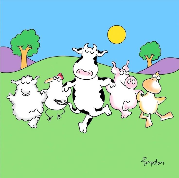 Cartoon farm animals dancing on green hill with trees and sun