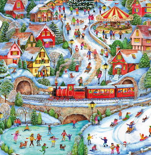 Illustrated winter village with Santa's grotto, market stalls, train, ice skaters, and festive decorations in snow