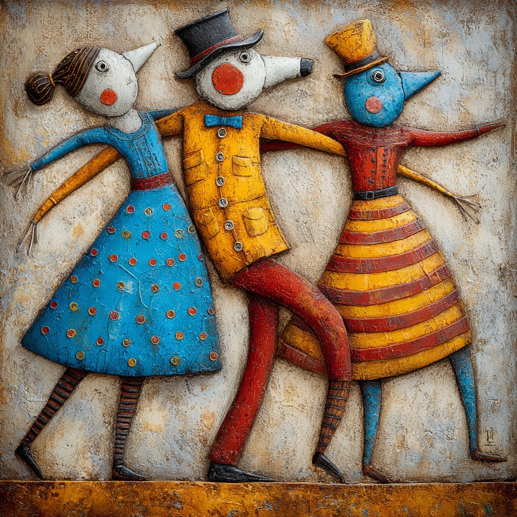 Textured painting of three whimsical dancing figures in colorful striped and patterned clothing