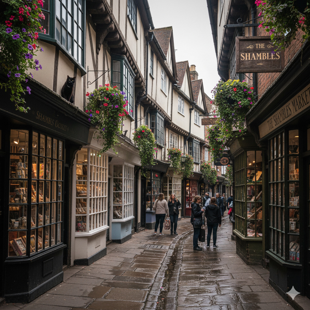 Narrow coblestone street lined with old timber-framed buildings and hanging flower baskets in The Shambles, York
