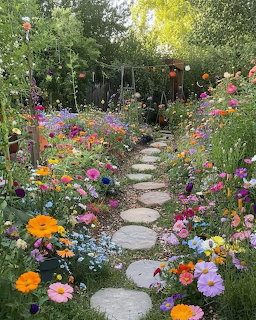 Stone pathway winding through colorful flower garden with trees