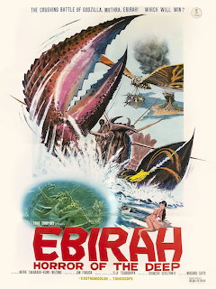 Vintage movie poster showing giant lobster monster Ebirah attacking planes and boats