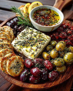 Wooden board with feta cheese, olives, cranberries, crackers, herbs, and olive oil dip