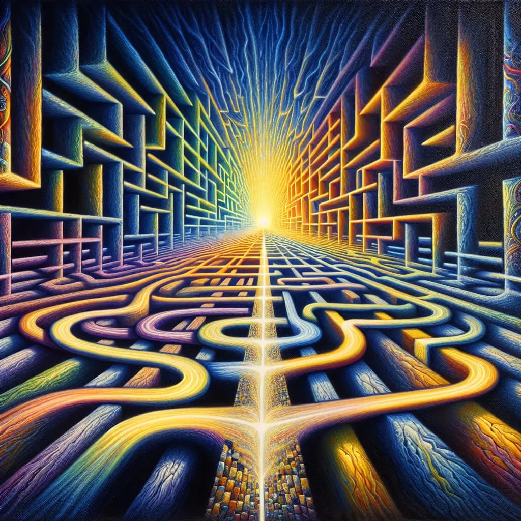 Abstract geometric maze with rainbow colored concentric rectangular frames converging to bright center