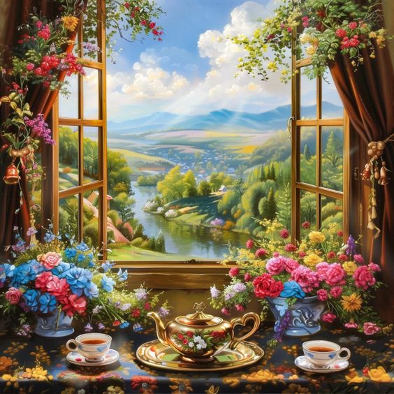 Window View with Flowers and Teapot