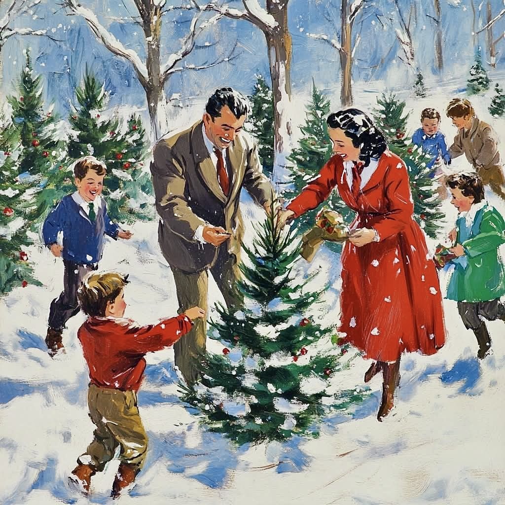 Vintage illustration of family choosing Christmas tree in snow with children and parents in 1950s clothing