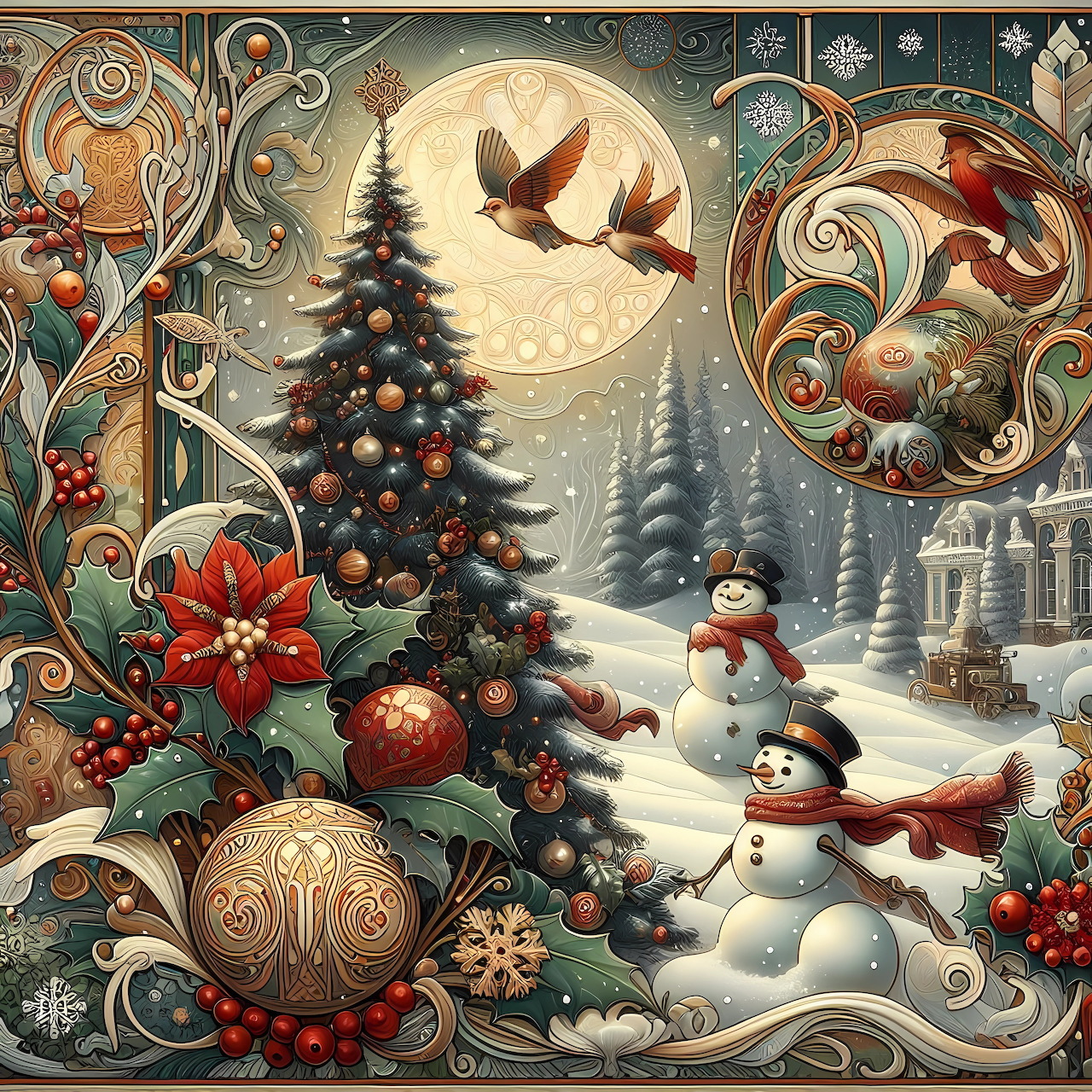 Ornate Christmas scene with decorated trees, snowmen, birds, poinsettias, and swirling winter designs