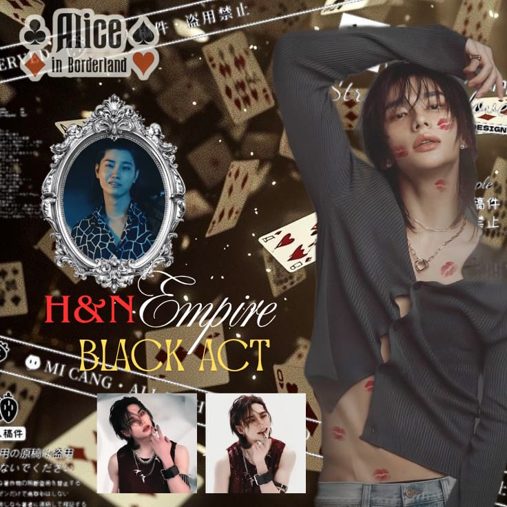 Magazine layout with portrait photos and ornate vintage frame on dark background with scattered decorative elements