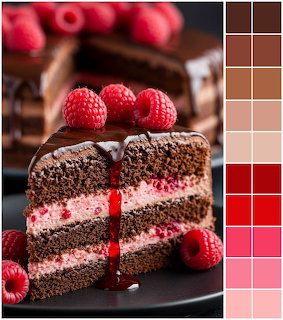 Slice of chocolate layer cake with raspberry filling and fresh raspberries on top