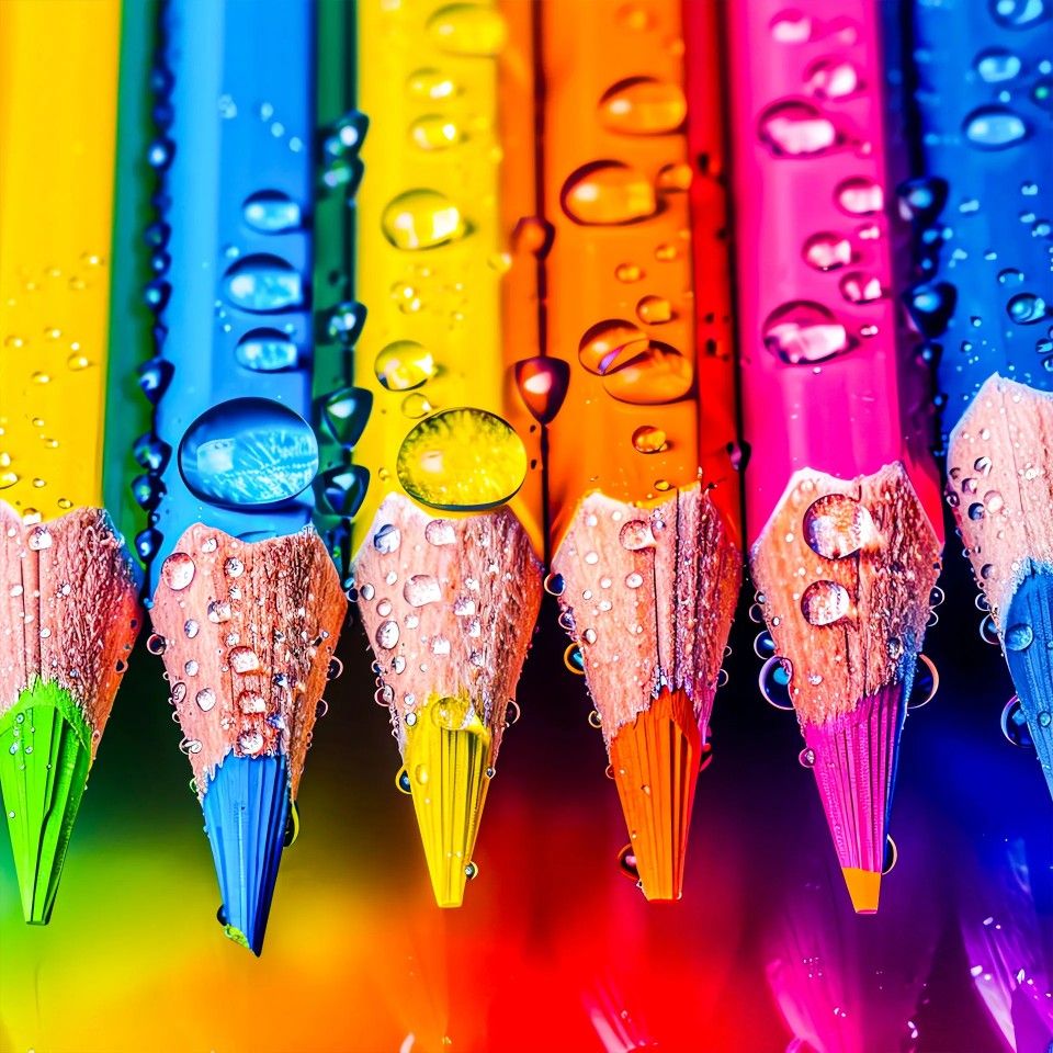 Row of bright colored pencils with water droplets on rainbow background