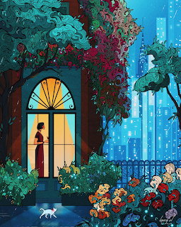 Person silhouetted in illuminated doorway with colorful flowers and plants in evening garden scene