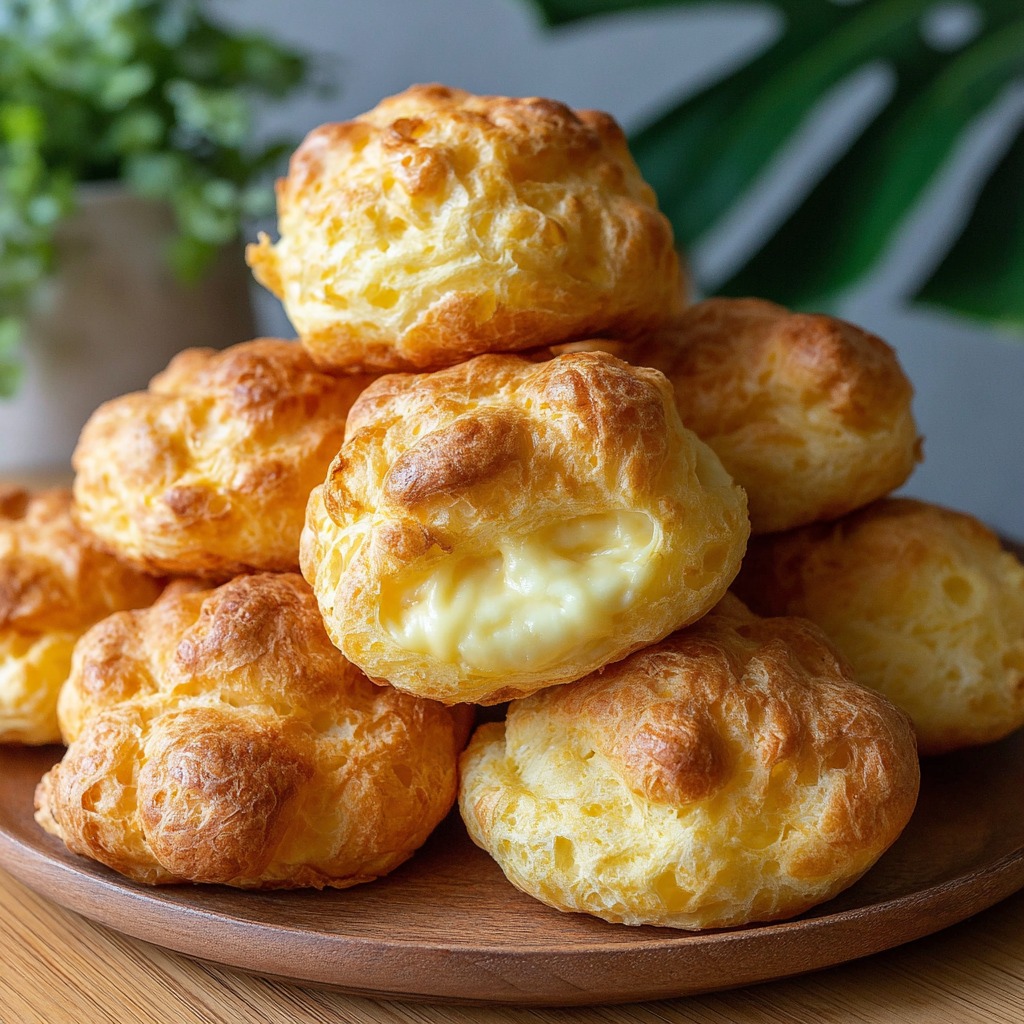 Stack of golden cheese puffs on wooden serving board with green herbs behind