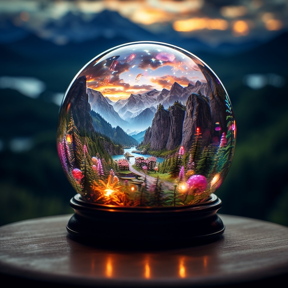Glowing snow globe on a table with a miniature fantasy mountain valley and river inside