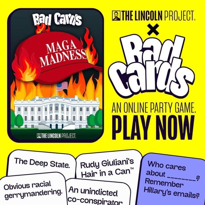 Bad Cards MAGA Madness game promotional image with White House, flames, and game cards on yellow background