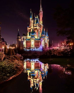 Cinderella Castle lit up at night with vibrant colors reflecting in water below