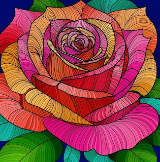 Colorful line-art rose with pink, orange, yellow petals and green leaves on a blue background
