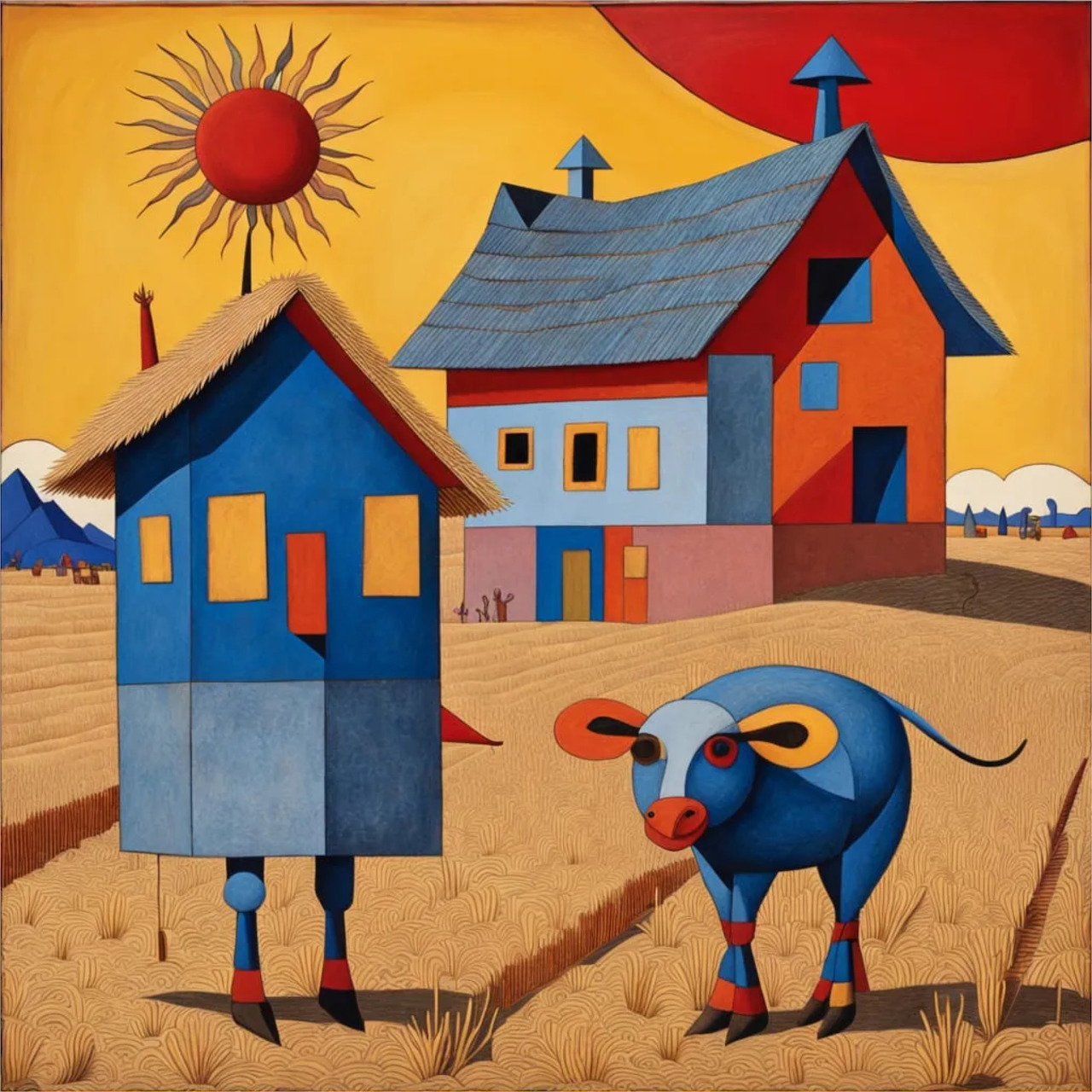 Abstract folk art painting of blue farm buildings, stylized cow, and red sun on golden landscape