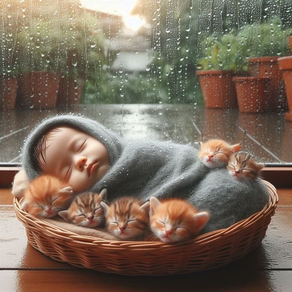 Baby sleeping in wicker basket with orange kittens beside rainy window