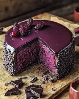 Purple glazed chocolate cake with slice removed showing purple interior and chocolate crumb coating