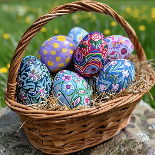 Basket of colorful decorated Easter eggs on straw with a blurred green garden background