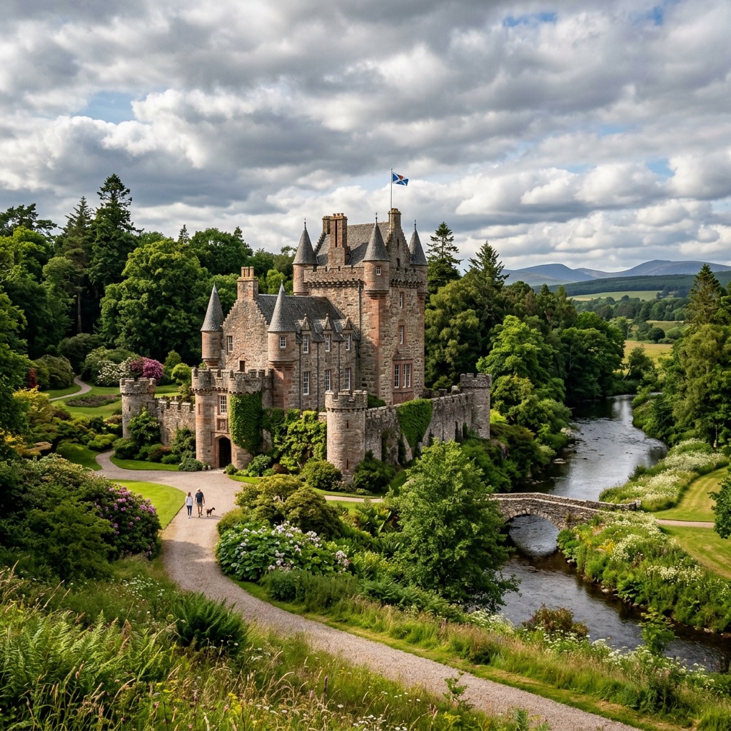 Medieval stone castle with turrets surrounded by green landscape and river under cloudy sky