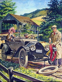 Vintage illustration of couple with early 1900s car at farm, man cranking engine, barn and hills behind