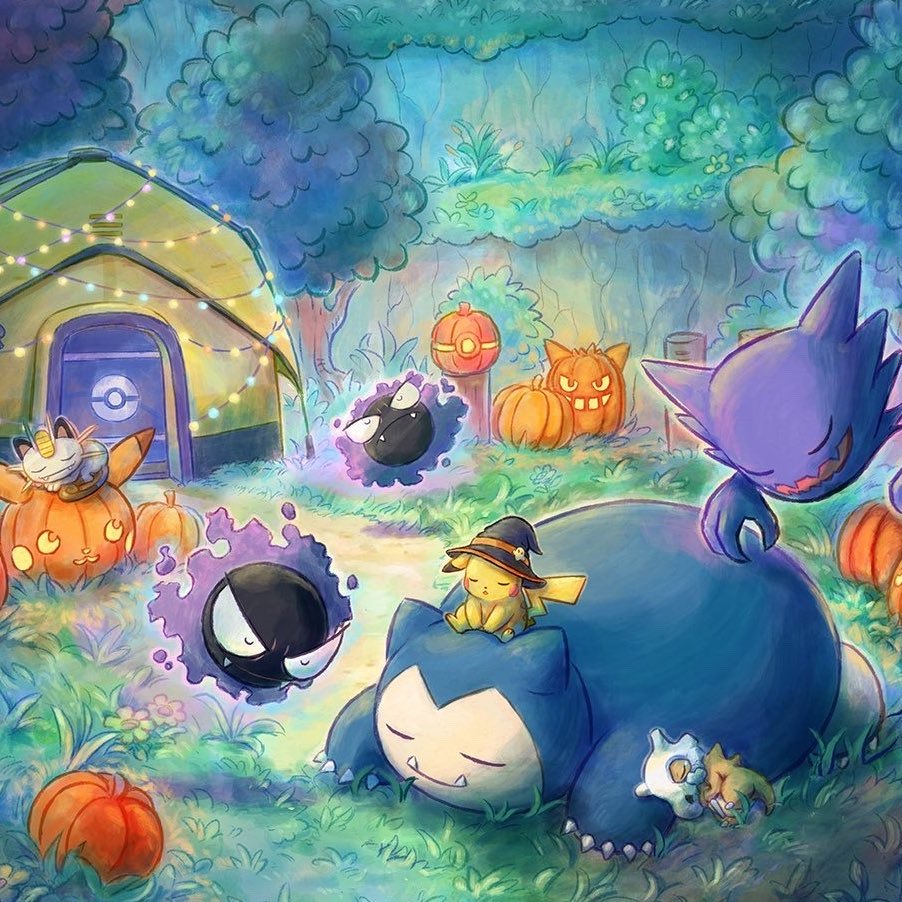 Pokemon characters resting in a garden with jack-o-lanterns and fairy lights under a twilight sky