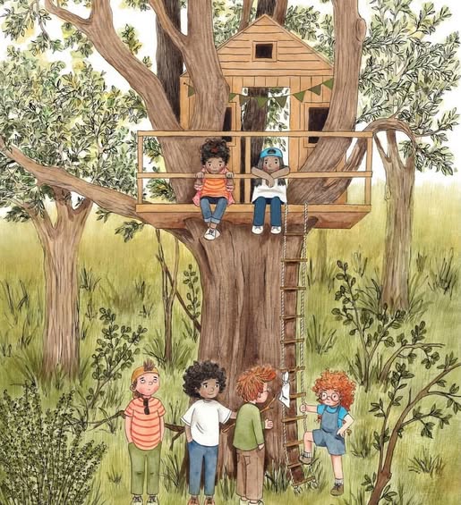 Illustration of children playing around a wooden treehouse in a large tree with green foliage