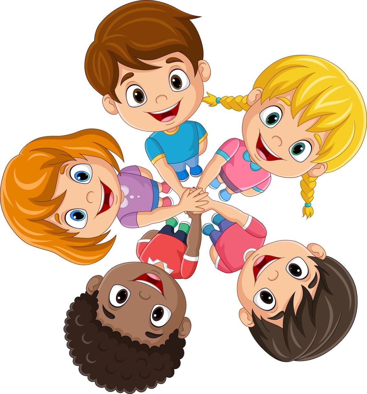 Cartoon children of diverse backgrounds forming a circle and joining hands together, viewed from above.