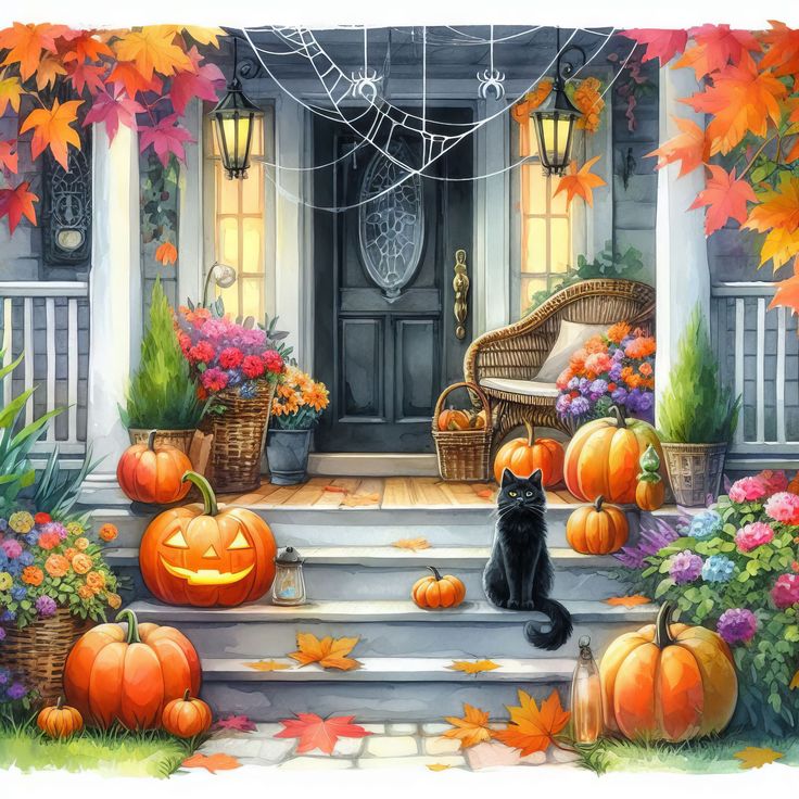 Black cat on autumn porch with pumpkins, fall flowers, and Halloween decorations