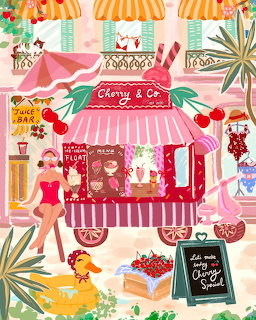 Pink striped ice cream truck with cherry branding surrounded by tropical plants and colorful storefronts