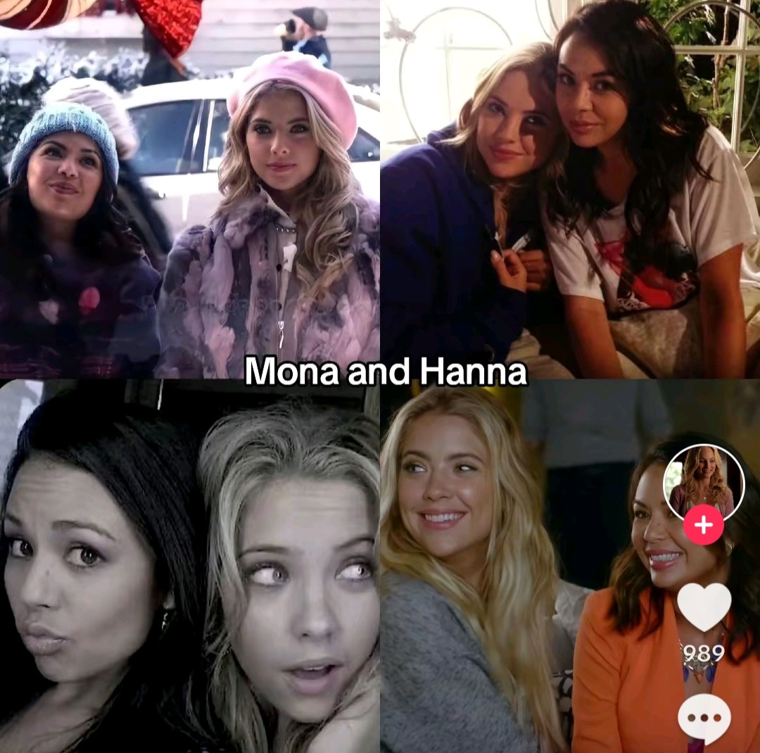 Collage of TV stills featuring four young women together, with Mona and Hanna caption text