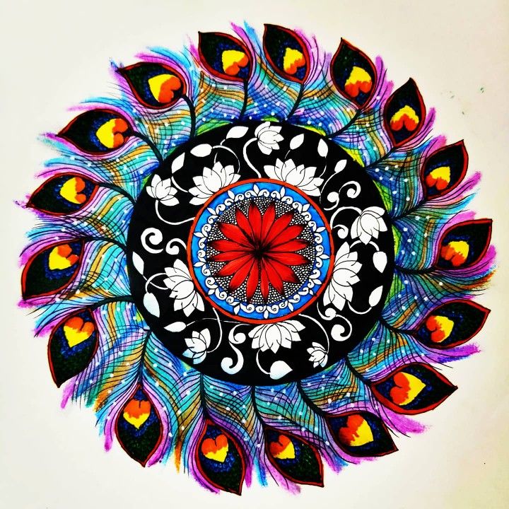 Colorful mandala with peacock feathers, red flower center, and decorative black flourishes on beige background