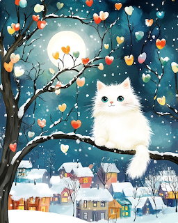 White fluffy cat on snowy tree branch above village houses at night with full moon and colorful falling leaves