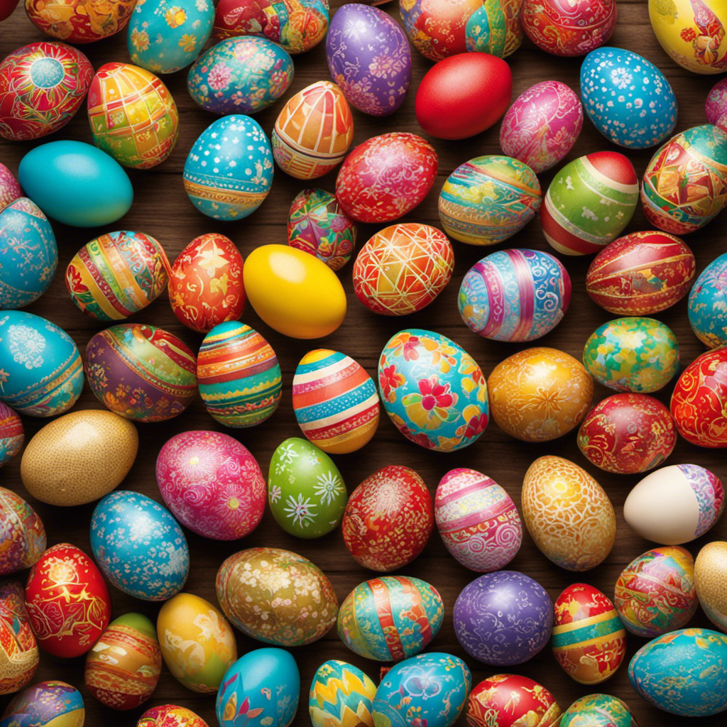 Densely packed colorful Easter eggs with intricate painted patterns and designs