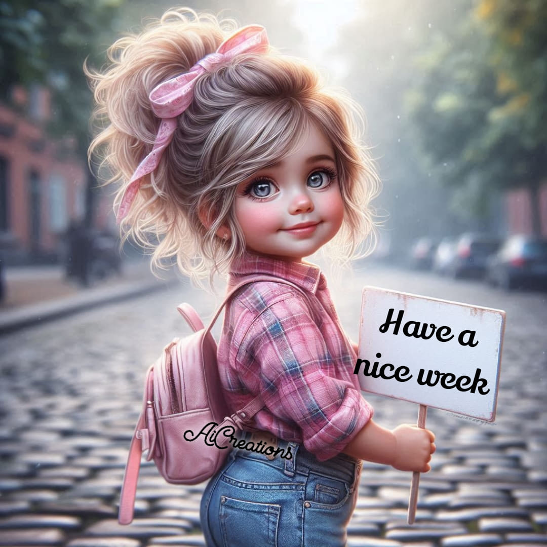 3D cartoon girl with pink hair holding a have a nice week sign on cobblestone street