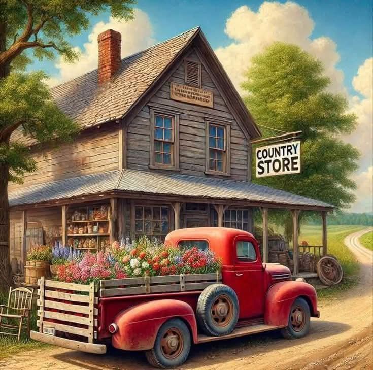 Vintage country store building with red truck full of flowers parked in front