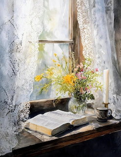 Open book on a windowsill with flowers, a candle, and lace curtains